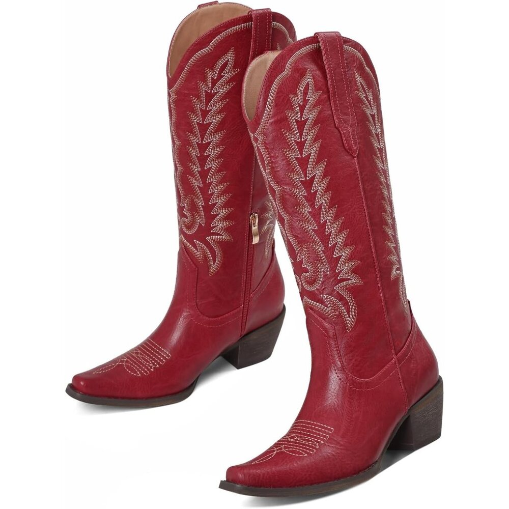 Women's Red Zipper Embroidered Western Knee High Boots Pointed Toe Chunky Heel